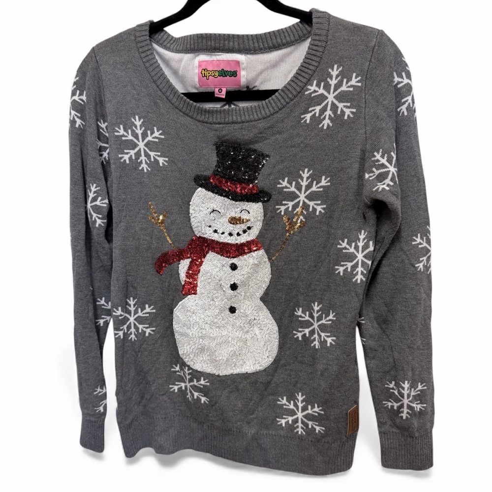 Tipsy Elves Sequined Snow Day Ugly Christmas Sweater snowman & snowflakes size M - Picture 2 of 10